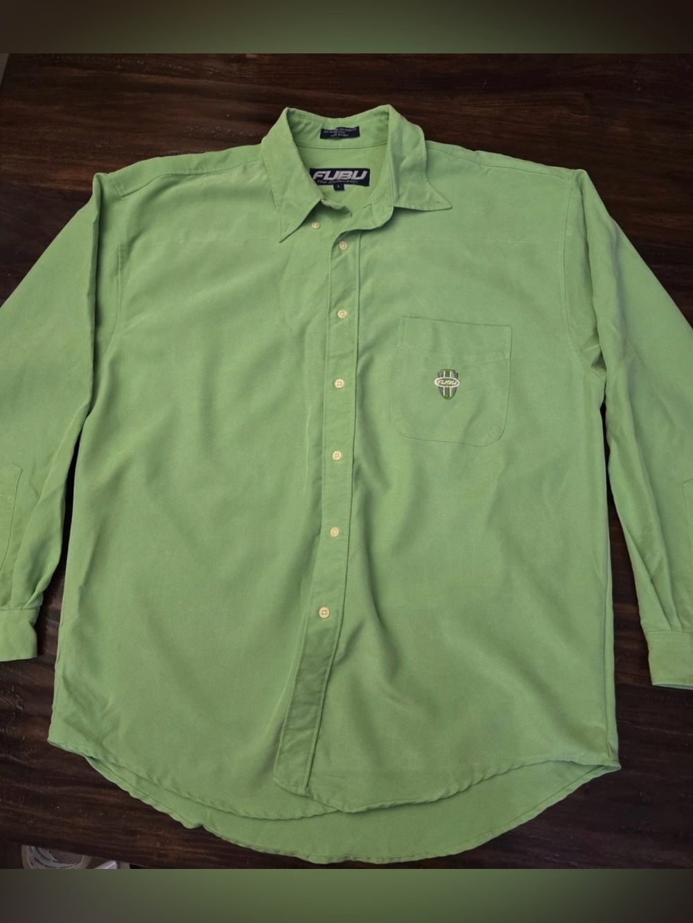 Fubu "The Collection" Sage Green Long Sleeve Button Up Casual Mens LG  Y2K  90s